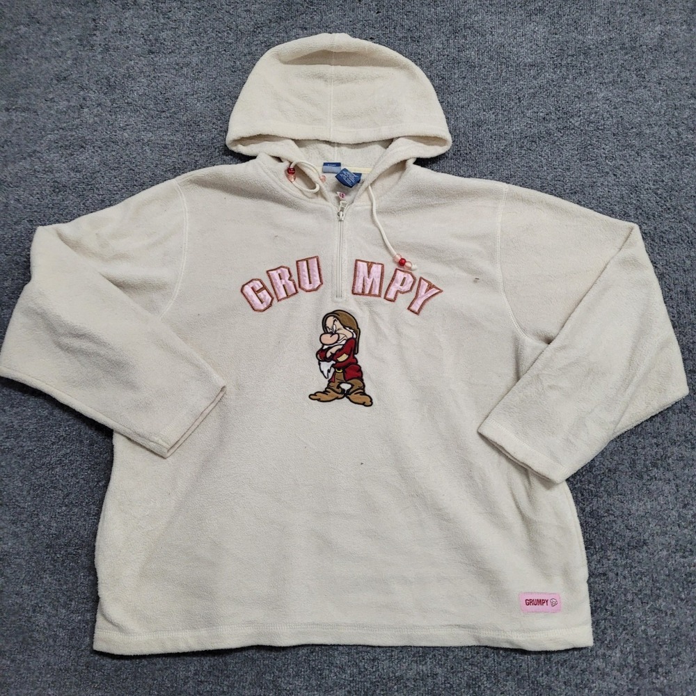 Disney Hoodie Womens Size Large Cream Fleece Grumpy Quarter Zip Pullover Graphic